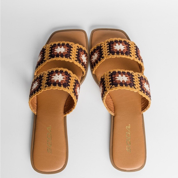 Soda Womens Crochet Slide Sandals Size 7.5 Brown Boho Chic Square Toe Summer - Picture 4 of 7